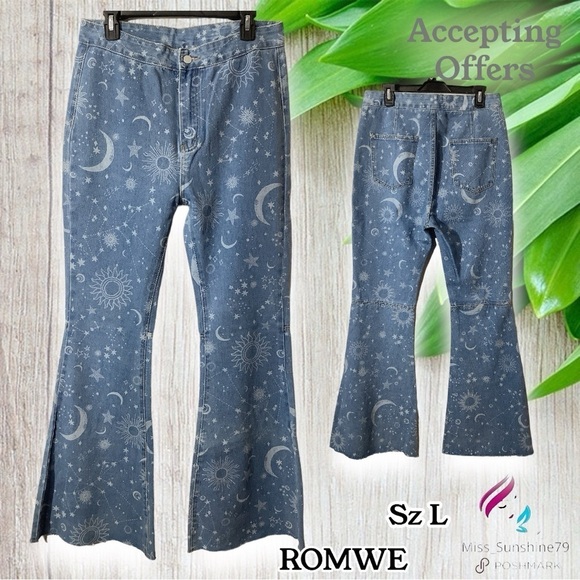 ROMWE - Sz L (see measurements) - 14” bell bottom sun moon stars Hi Rise Jeans - Picture 2 of 9